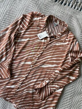 a new day Women's Striped Button-Down Shirt in Rust and White